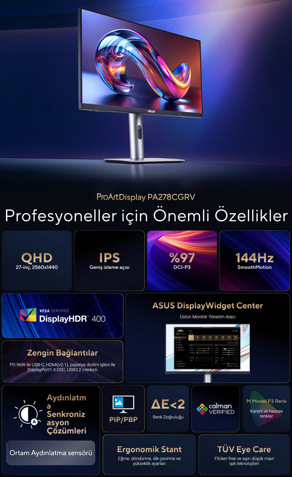 ASUS 27" IPS  PROART PA278CGRV 5MS 144HZ HDMI-DP TYPCE Grafik Tasarım Monitörü 2560x1440 / 90LM06Q1-B01K71