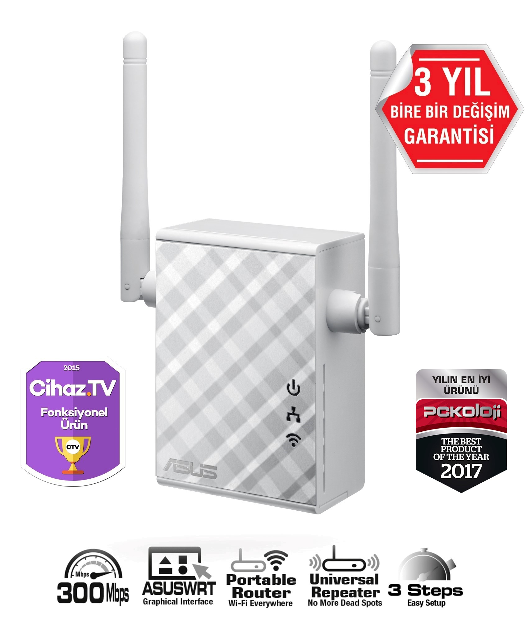 ASUS RP-N12 N300 2.4GHZ Mesafe Genişletici EV Ofis Tipi 2x 2dbi sabit anten ikinci görünüm