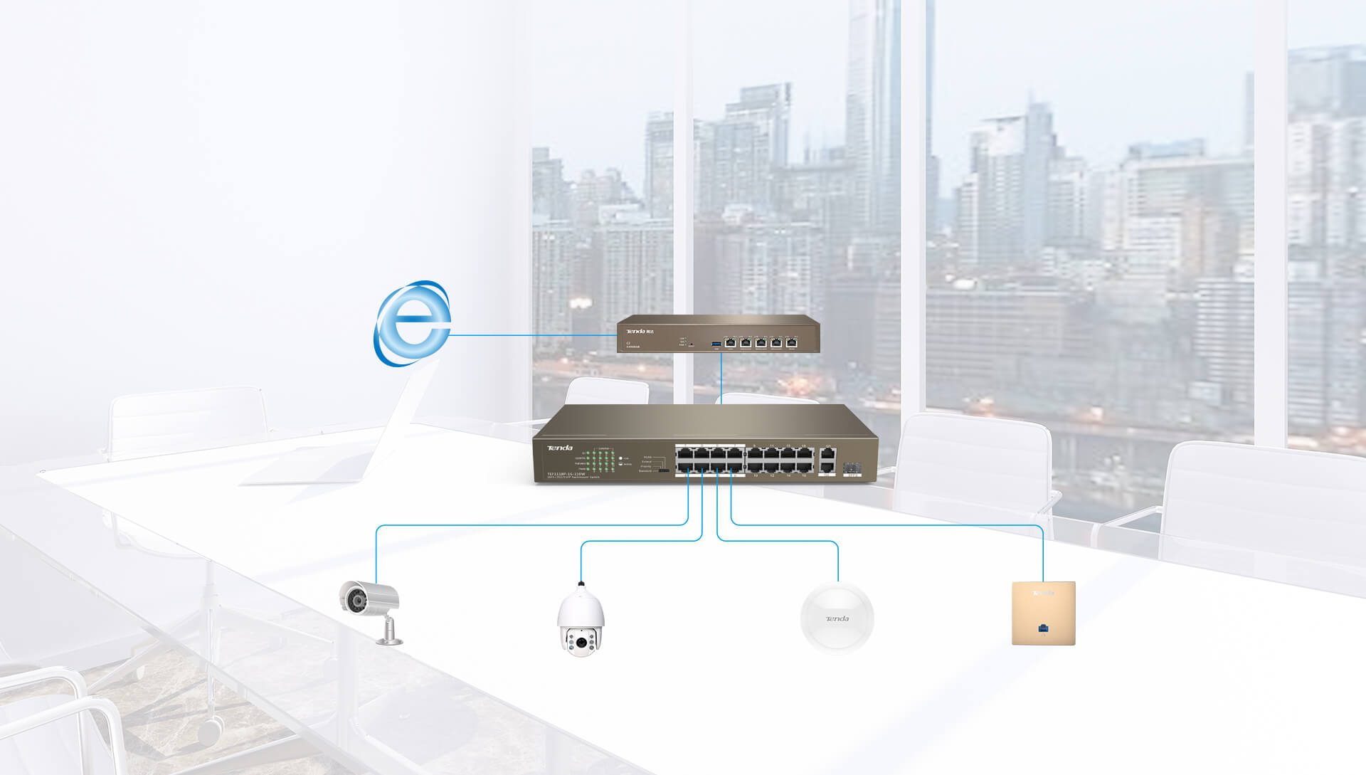 TENDA 16port PoE 150w 10/100 1-SFP Yönetilemez Switch TEF1118P-16-150W