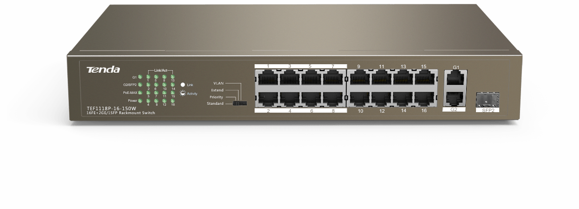 TENDA 16port PoE 150w 10/100 1-SFP Yönetilemez Switch TEF1118P-16-150W