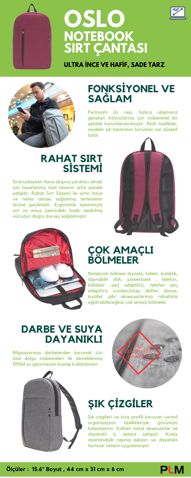 PLM 15.6" Oslo  Siyah Notebook Sırt Çantası