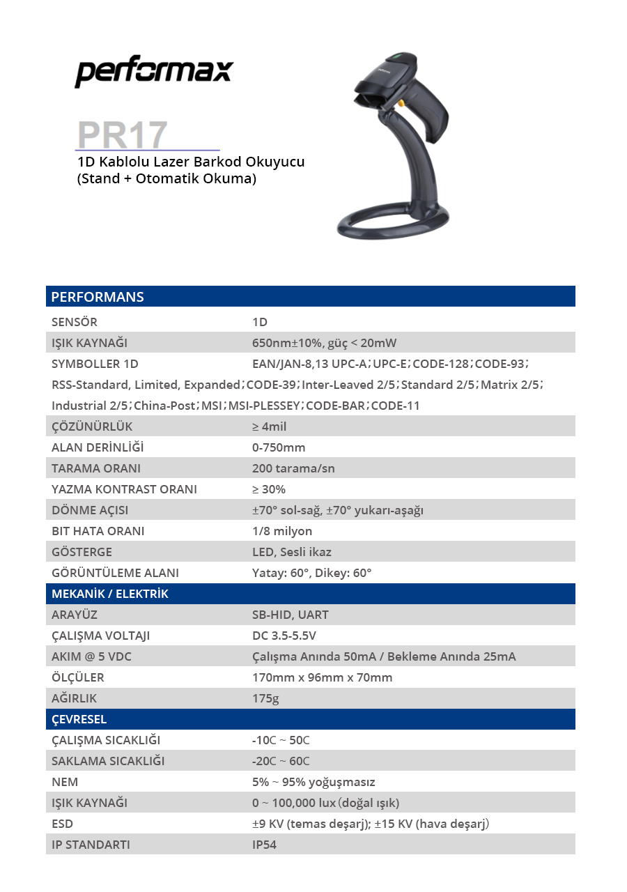 PERFORMAX 1D Laser PR17 USB El Tipi Barkod Okuyucu Ayaklı