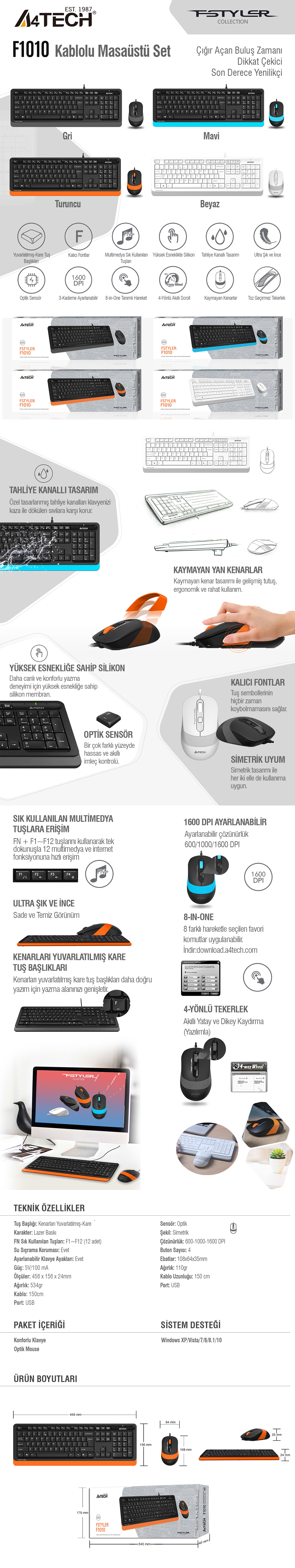 A4TECH F1010 Kablolu USB Q Trk Siyah/Turuncu Klavye - Mouse Set ikinci görünüm