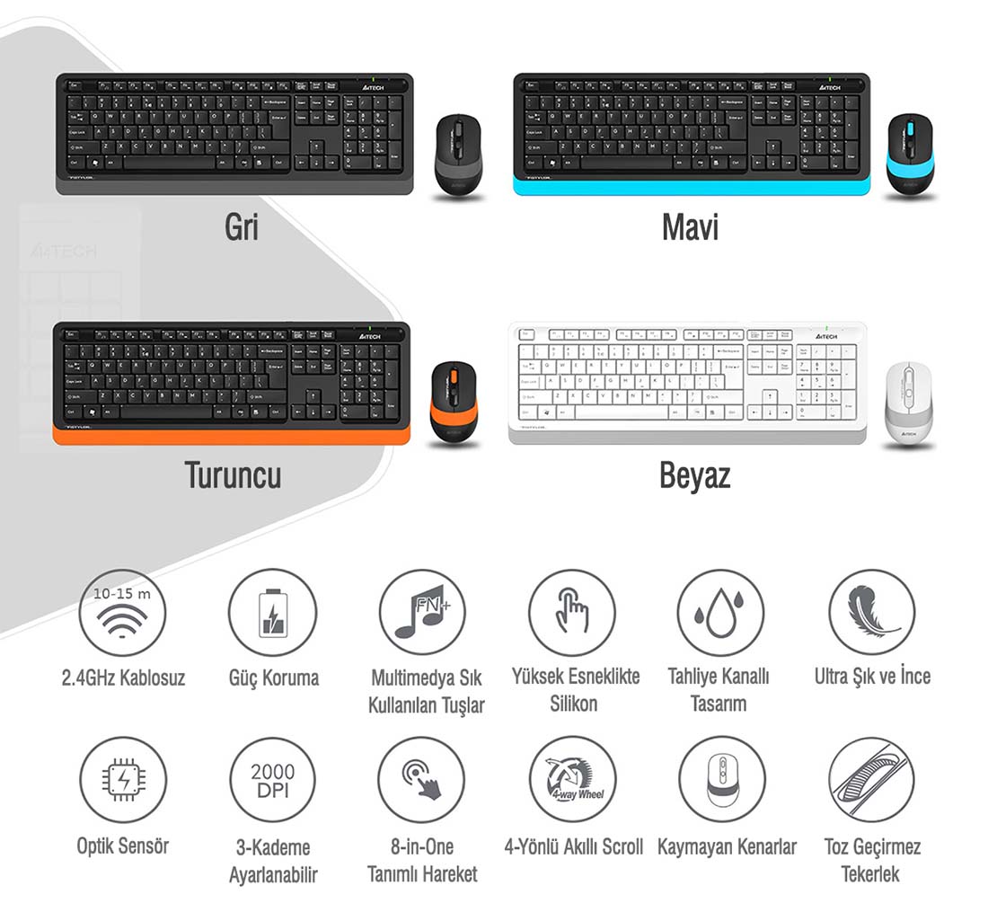 A4TECH FG1010 Kablosuz Q Trk Beyaz/Gri Klavye - Mouse Set ikinci görünüm