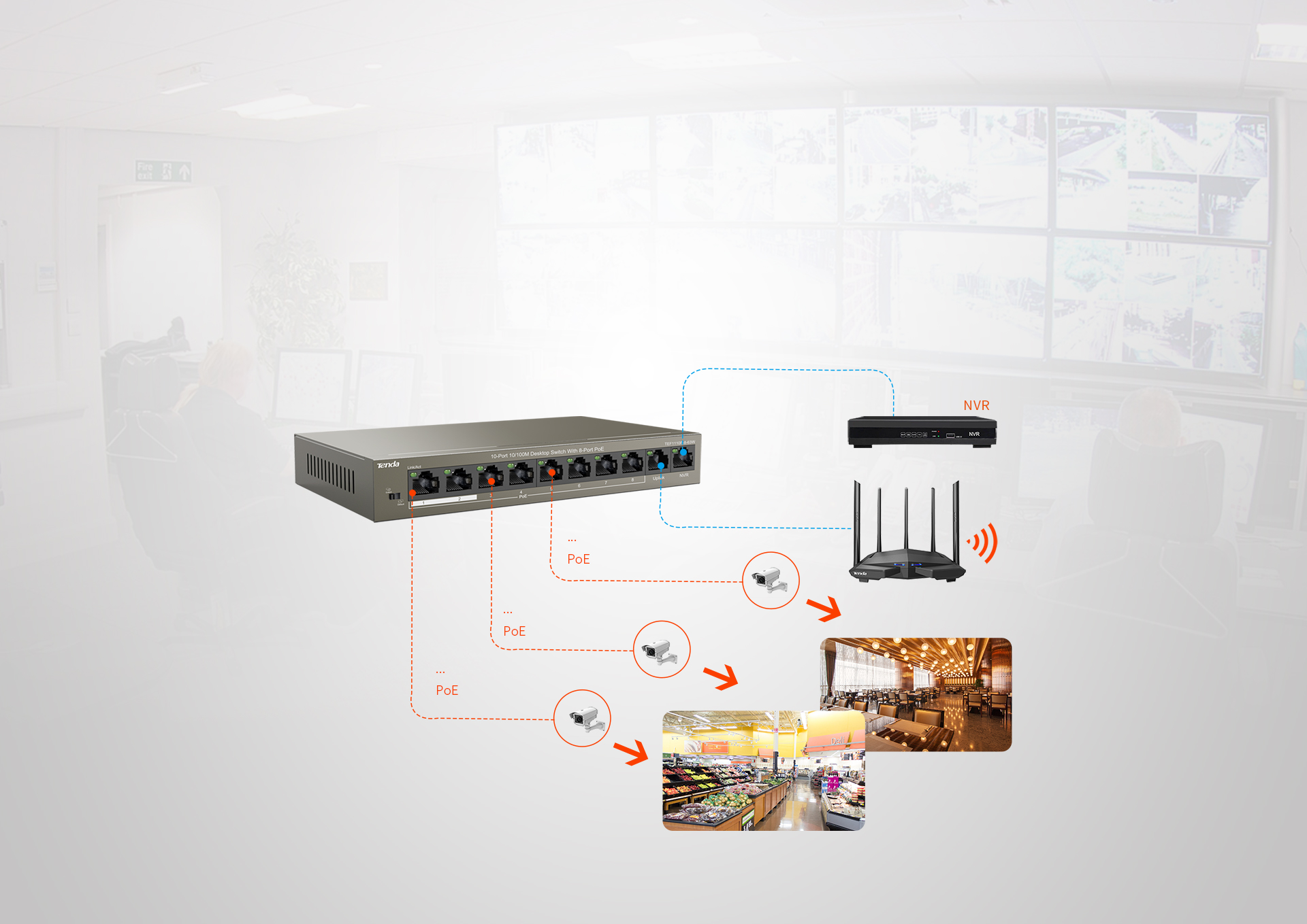 TENDA 8port PoE 63w 10/100 Yönetilemez Switch TEF1110P-8-63W