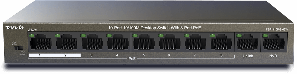 TENDA 8port PoE 63w 10/100 Yönetilemez Switch TEF1110P-8-63W