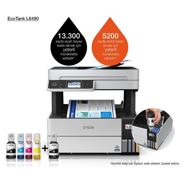 EPSON A4 Renkli L6490 Çok Fonksiyonlu Dublex Tanklı Yazıcı Fax USB 2.0,Ethernet,Kablosuz ikinci görünüm