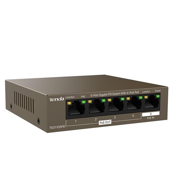 TENDA 5port-4port PoE 30w Gigabit Yönetilemez Switch TEG1105PD (Adaptör Yok)