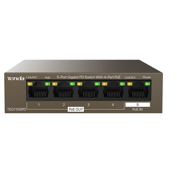 TENDA 5port-4port PoE 30w Gigabit Yönetilemez Switch TEG1105PD (Adaptör Yok)