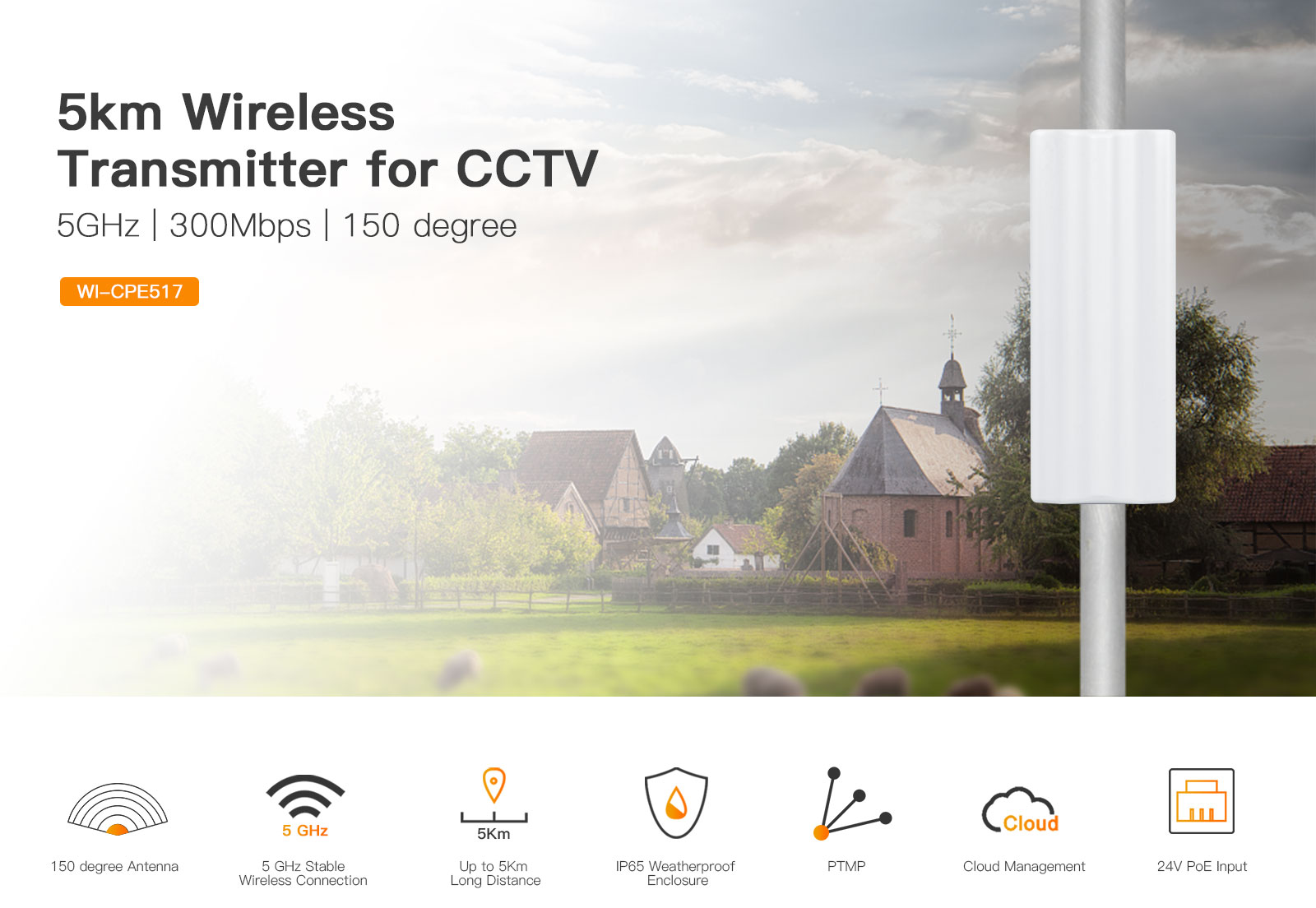 WITEK WI-CPE517 (V2) 16dbi 300mbps 5ghz 5+km Harici Access Point 150 derece