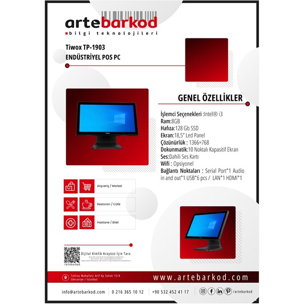 TIWOX 18.5" Dokunmatik TP-1903 CORE i3 3. Nesil 8GB RAM- 128GB SSD- FDOS- POS PC ikinci görünüm