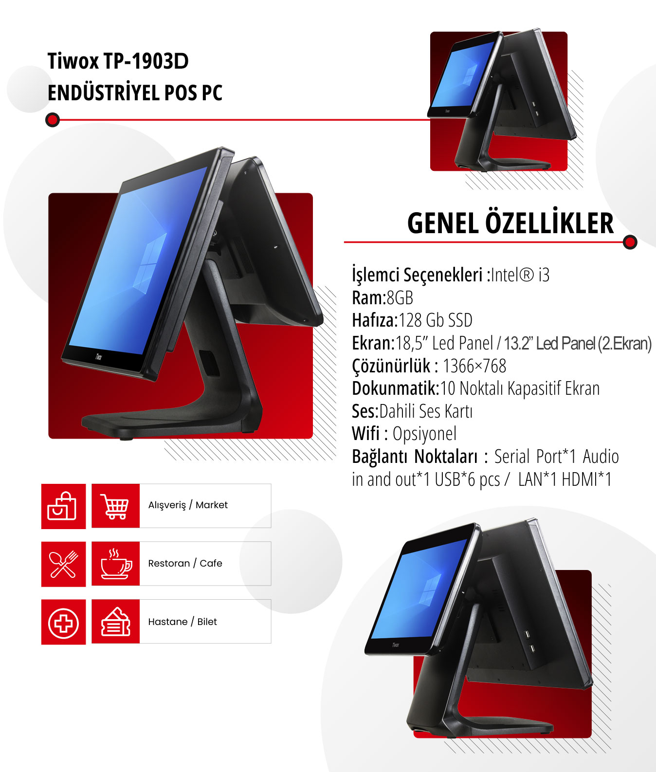 TIWOX 18.5" Dokunmatik (İki Ekranlı) TP-1903D CORE i3 3. Nesil 8GB RAM- 128GB SSD- FDOS- POS PC