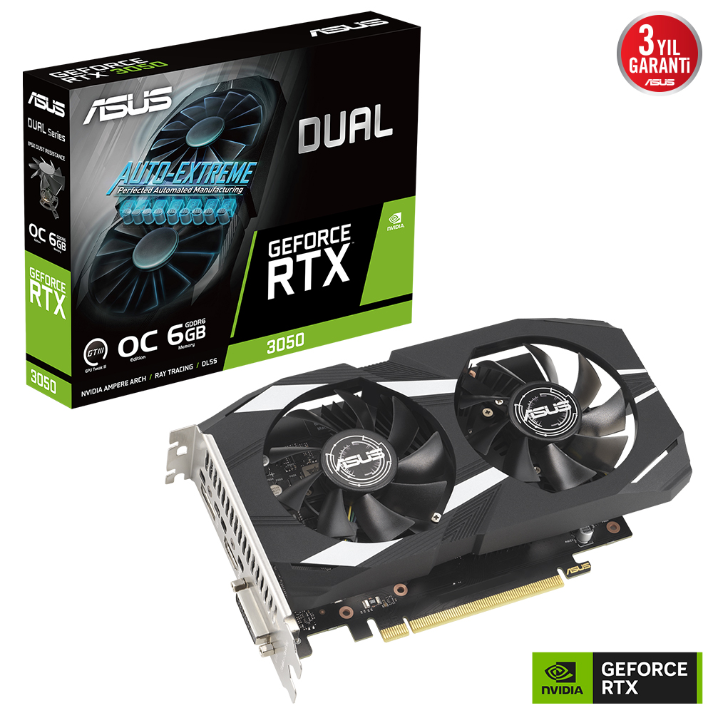 ASUS RTX3050 6GB DUAL RTX3050-O6G GDDR6 96bit HDMI DVI DP PCIe 16X v4.0 ikinci görünüm