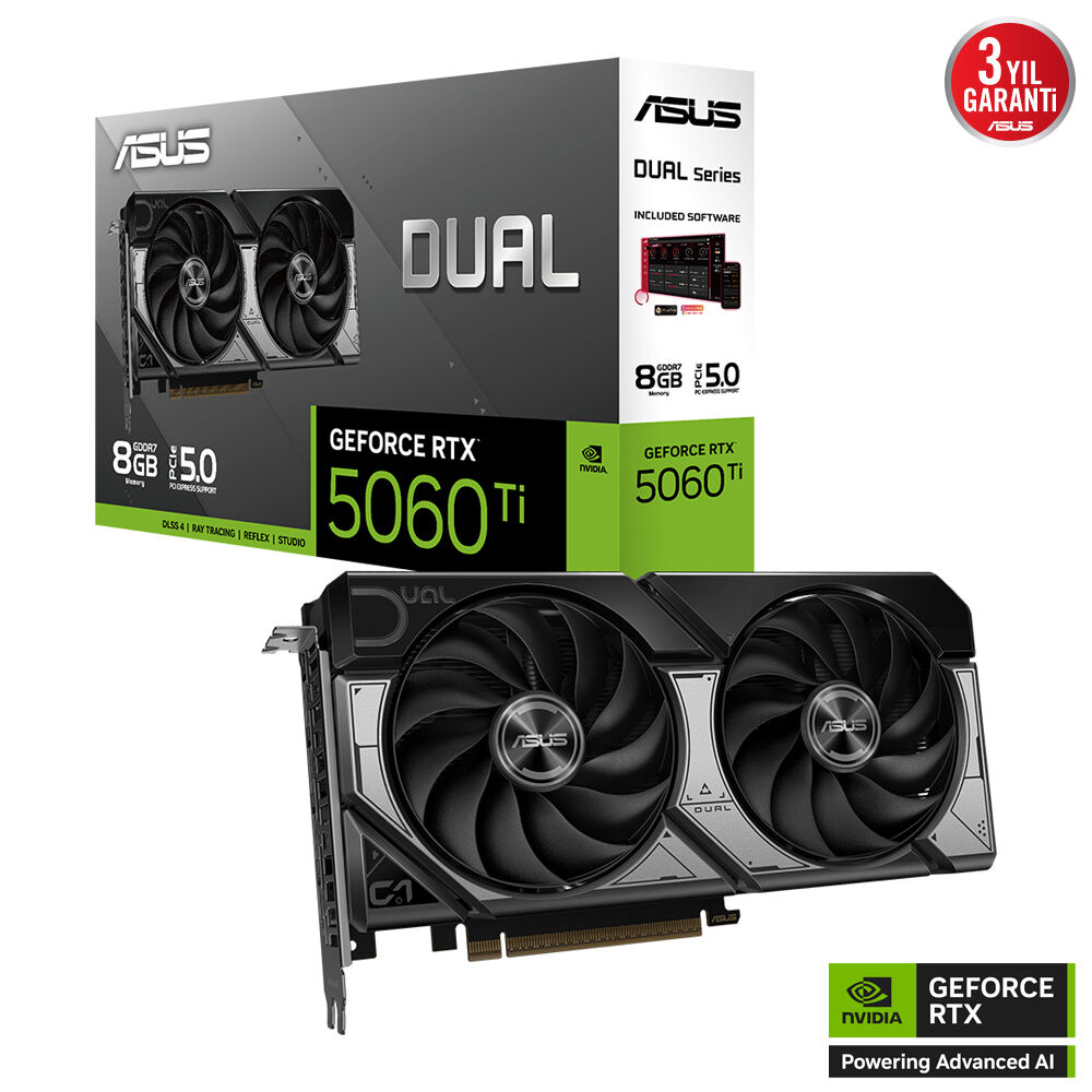 ASUS 8GB DUAL RTX5060TI-8G GDDR7 128bit HDMI DP PCIe 5.0 ikinci görünüm