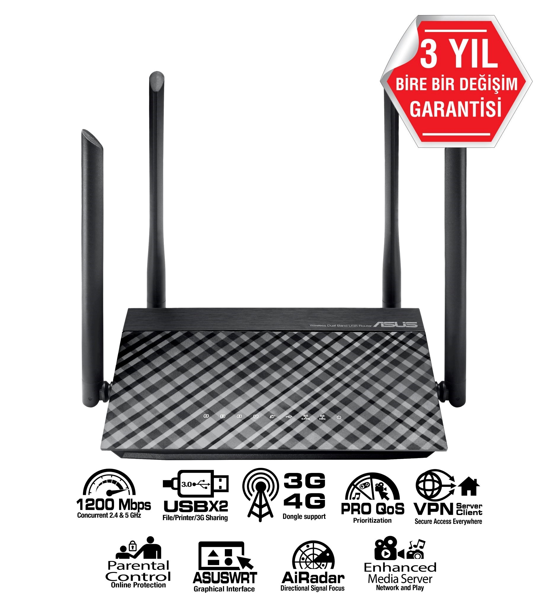 ASUS RT-AC1200 Wıfı5 AC1200 Gigabit Dual Band Router ikinci görünüm