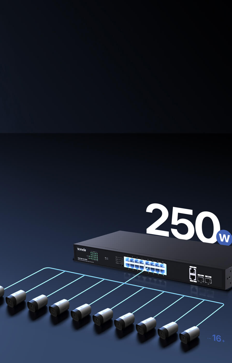 TENDA 16port PoE 250w 2-SFP 2-Uplink Gigabit Yönetilemez Switch TEG1120P-16-250W