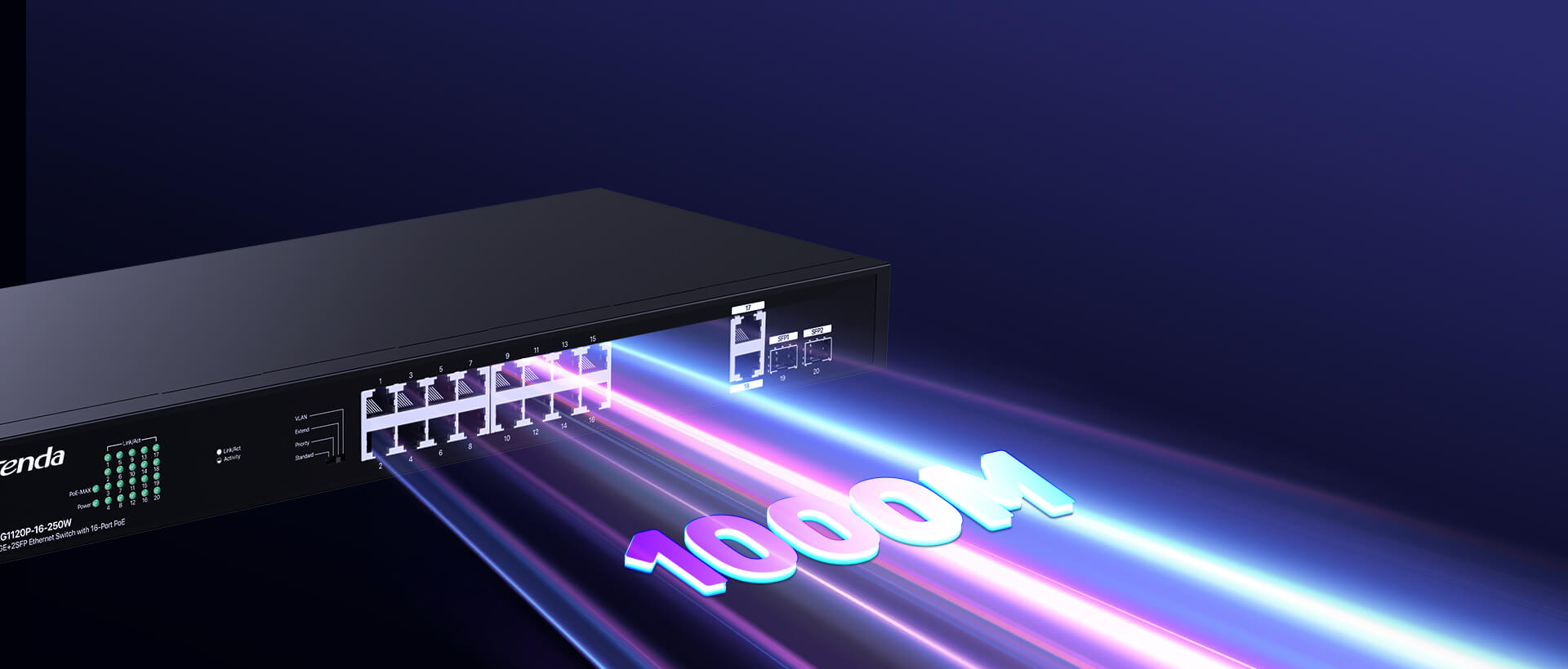 TENDA 16port PoE 250w 2-SFP 2-Uplink Gigabit Yönetilemez Switch TEG1120P-16-250W