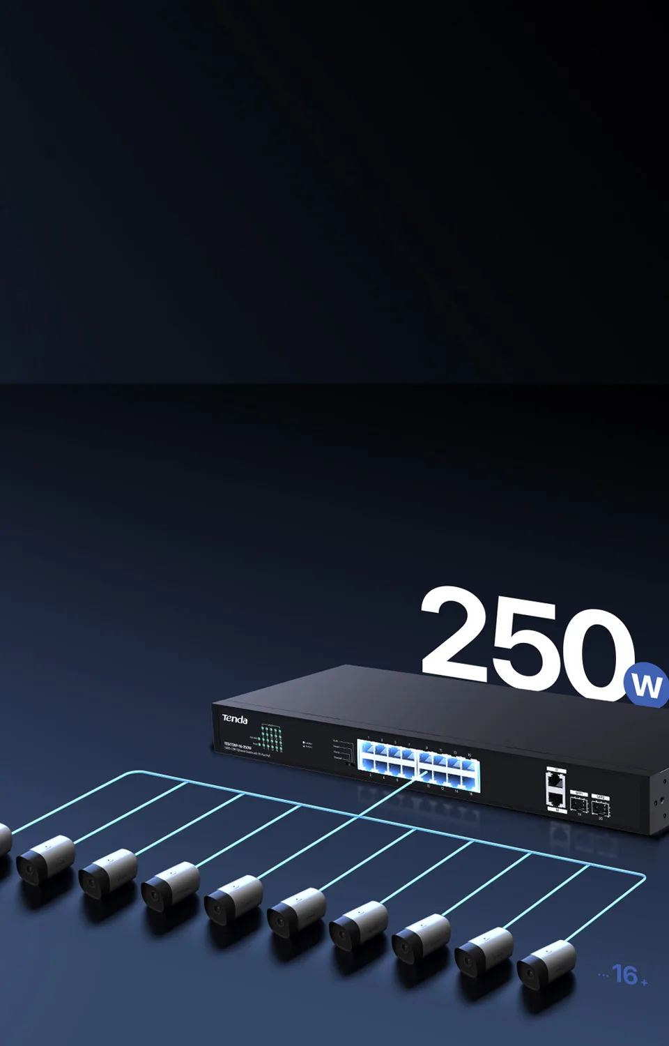 TENDA 16port PoE 250w 2-SFP 2-Uplink Gigabit Yönetilemez Switch TEG1120P-16-250W