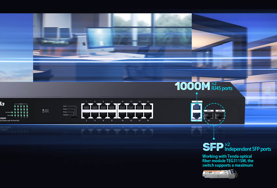 TENDA 16port PoE 250w 2-SFP 2-Uplink Gigabit Yönetilemez Switch TEG1120P-16-250W
