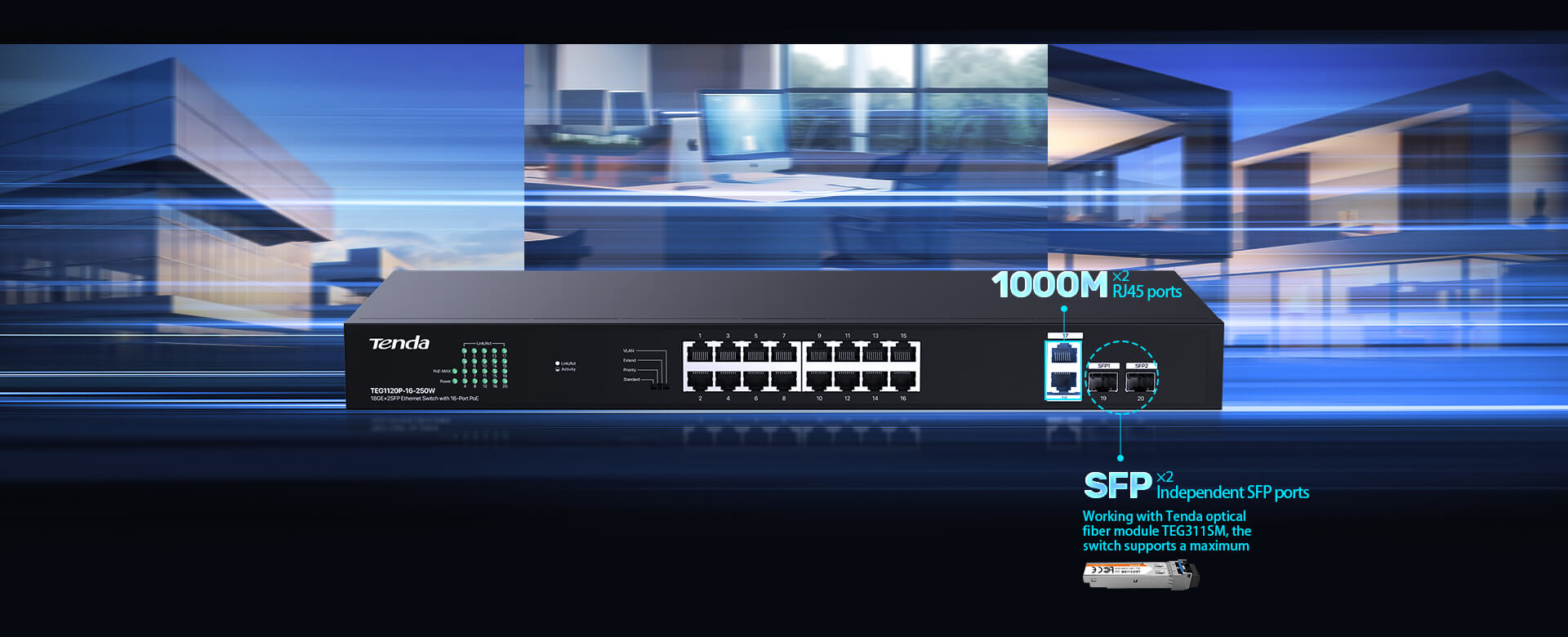 TENDA 16port PoE 250w 2-SFP 2-Uplink Gigabit Yönetilemez Switch TEG1120P-16-250W