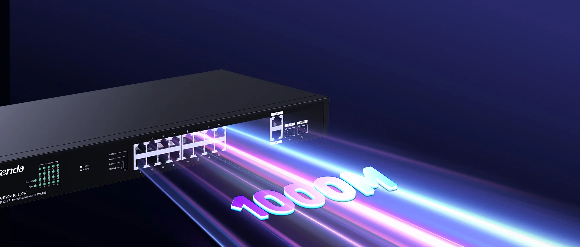 TENDA 16port PoE 250w 2-SFP 2-Uplink Gigabit Yönetilemez Switch TEG1120P-16-250W