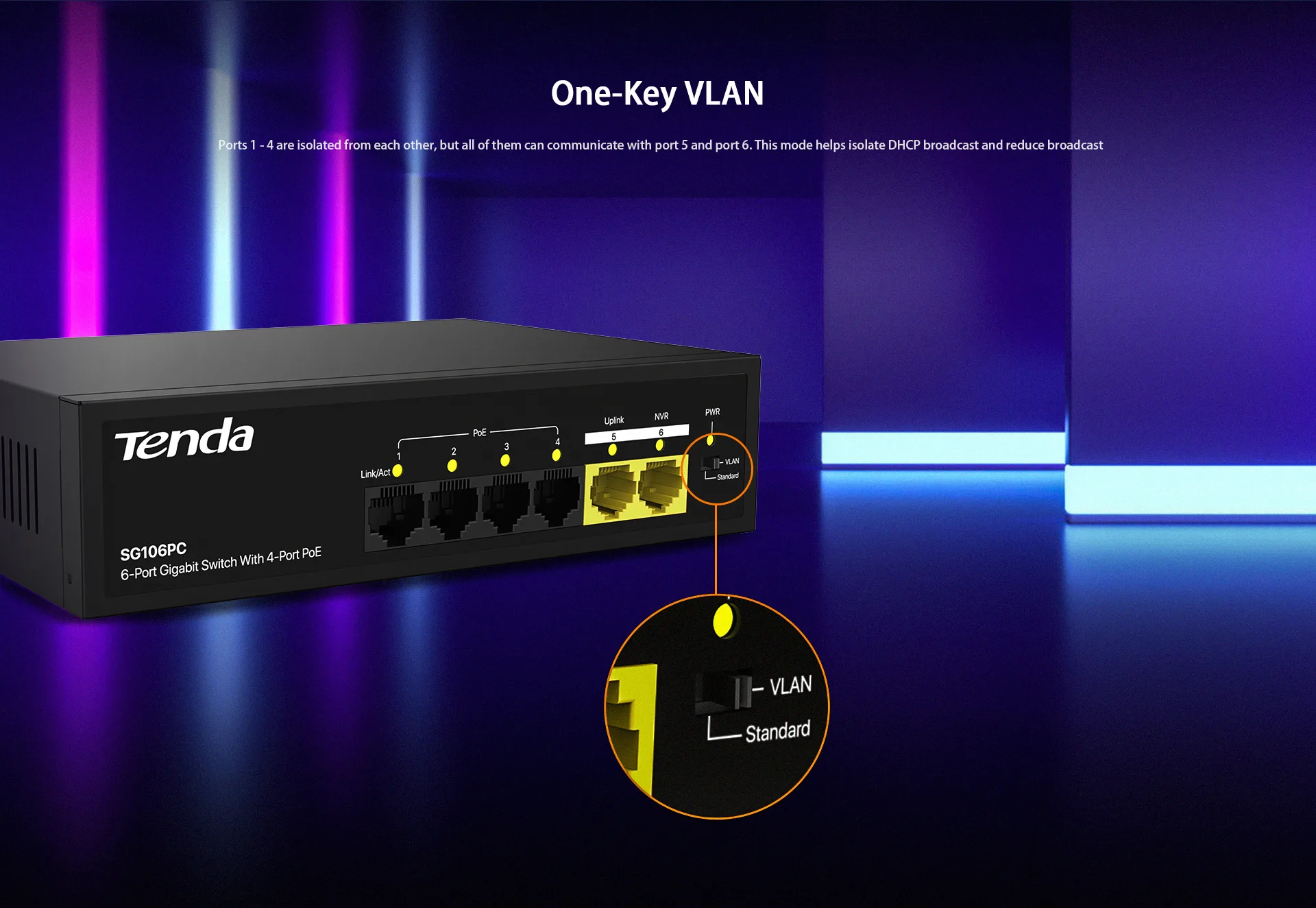 TENDA 6port-4port PoE 55w 2-Uplink Gigabit Yönetilemez Switch SG106PC