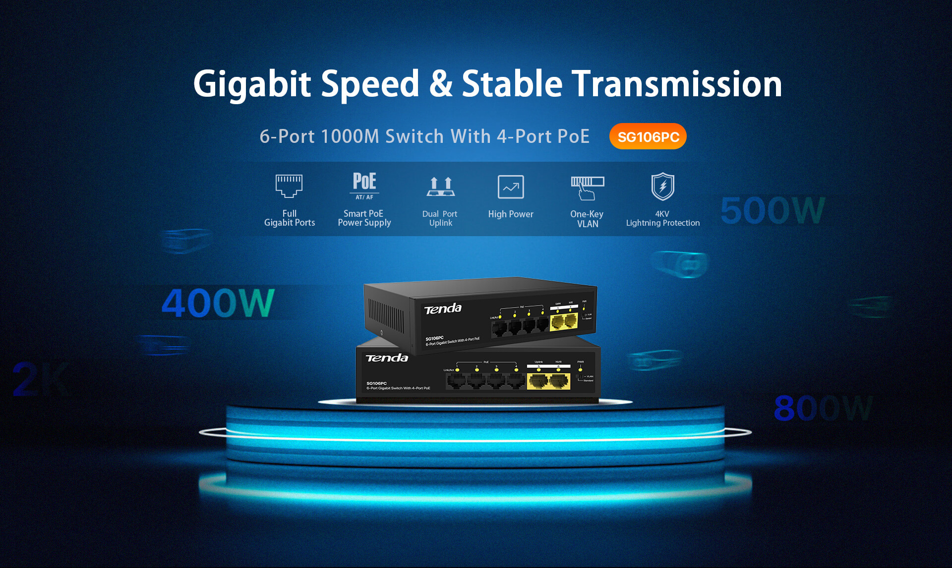 TENDA 6port-4port PoE 55w 2-Uplink Gigabit Yönetilemez Switch SG106PC