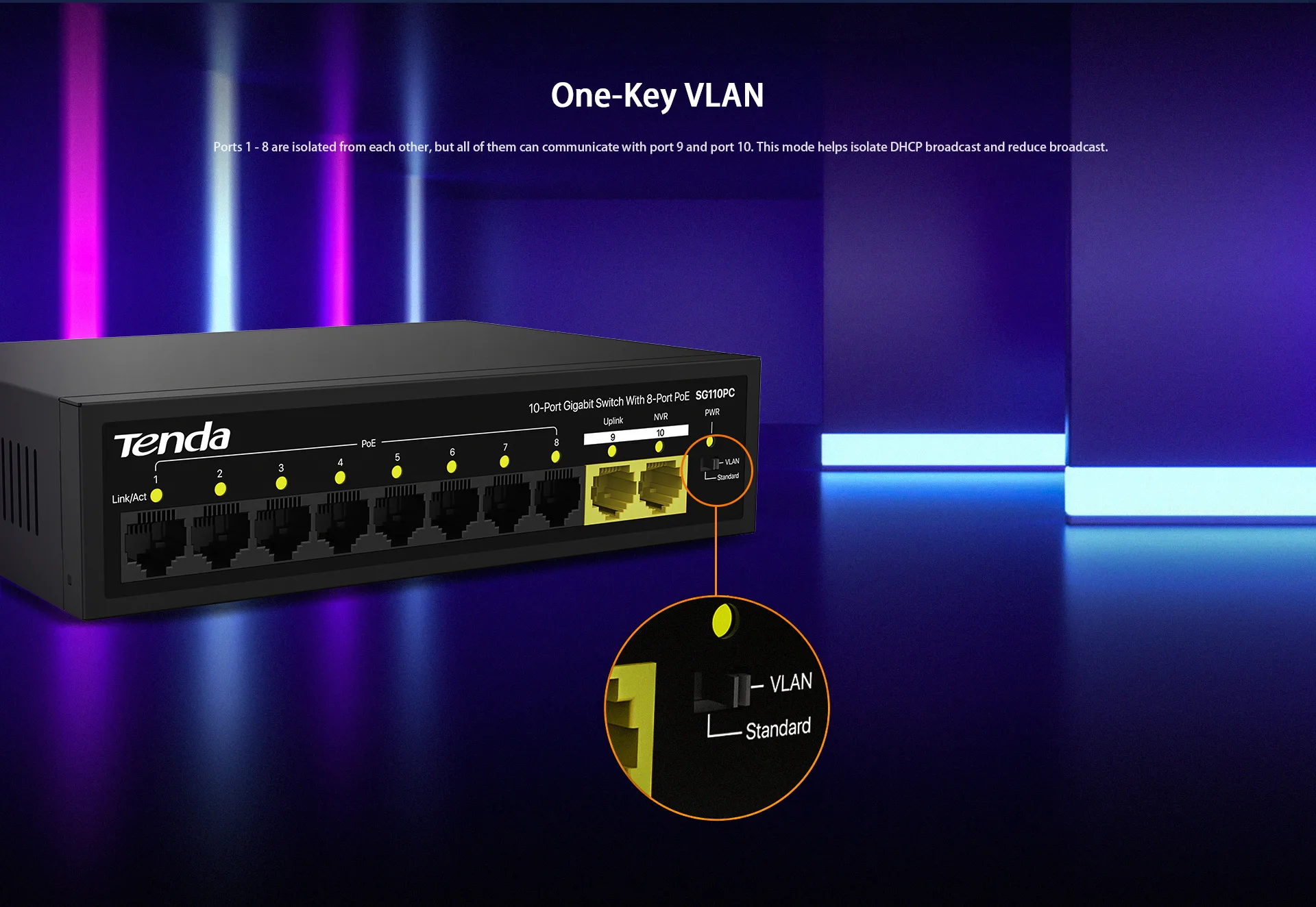 TENDA 8port PoE 100w 2-Uplink Gigabit Yönetilemez Switch SG110PC
