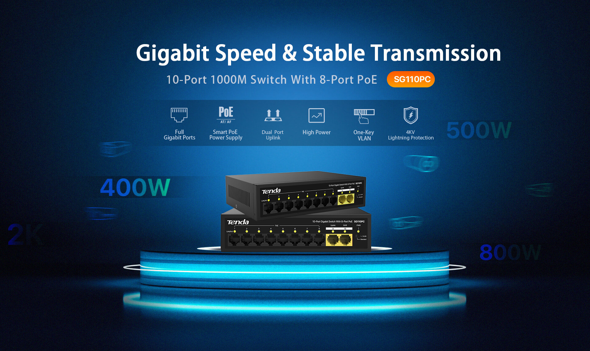 TENDA 8port PoE 100w 2-Uplink Gigabit Yönetilemez Switch SG110PC