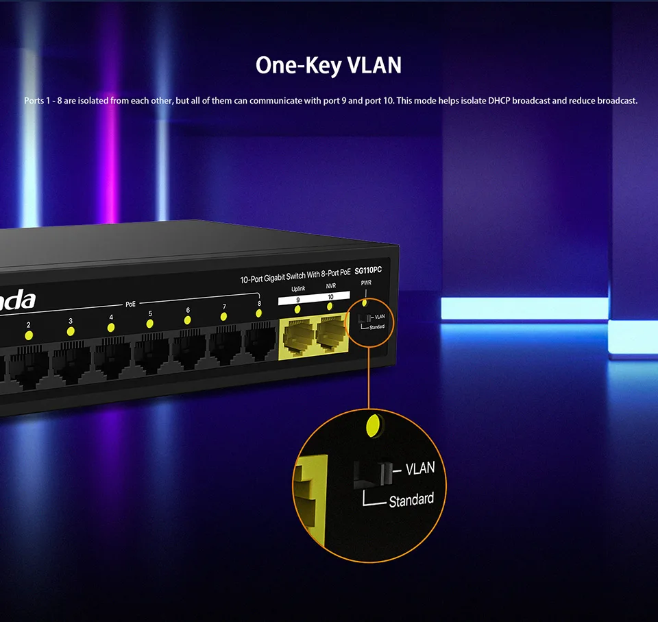 TENDA 8port PoE 100w 2-Uplink Gigabit Yönetilemez Switch SG110PC