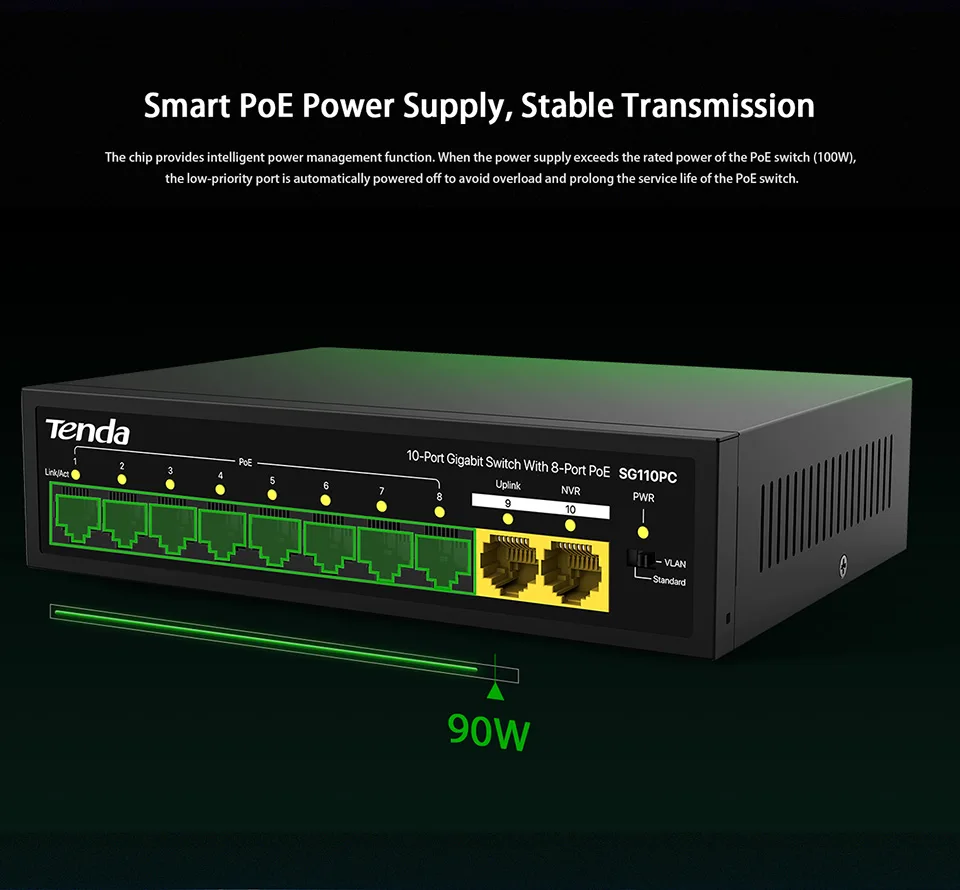 TENDA 8port PoE 100w 2-Uplink Gigabit Yönetilemez Switch SG110PC