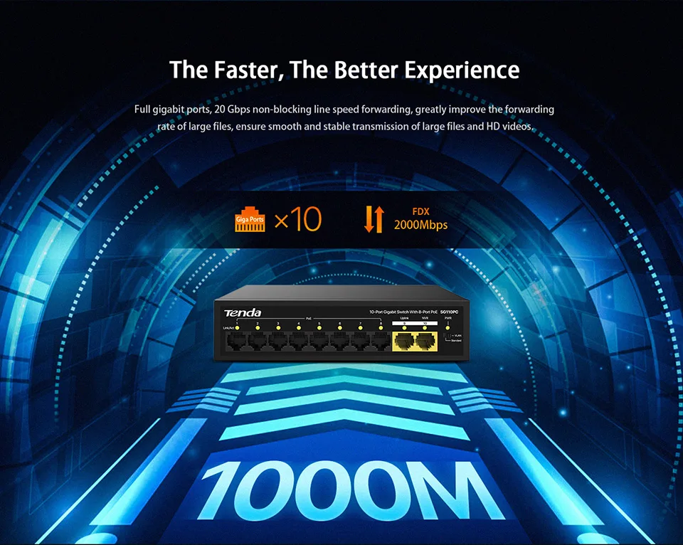 TENDA 8port PoE 100w 2-Uplink Gigabit Yönetilemez Switch SG110PC