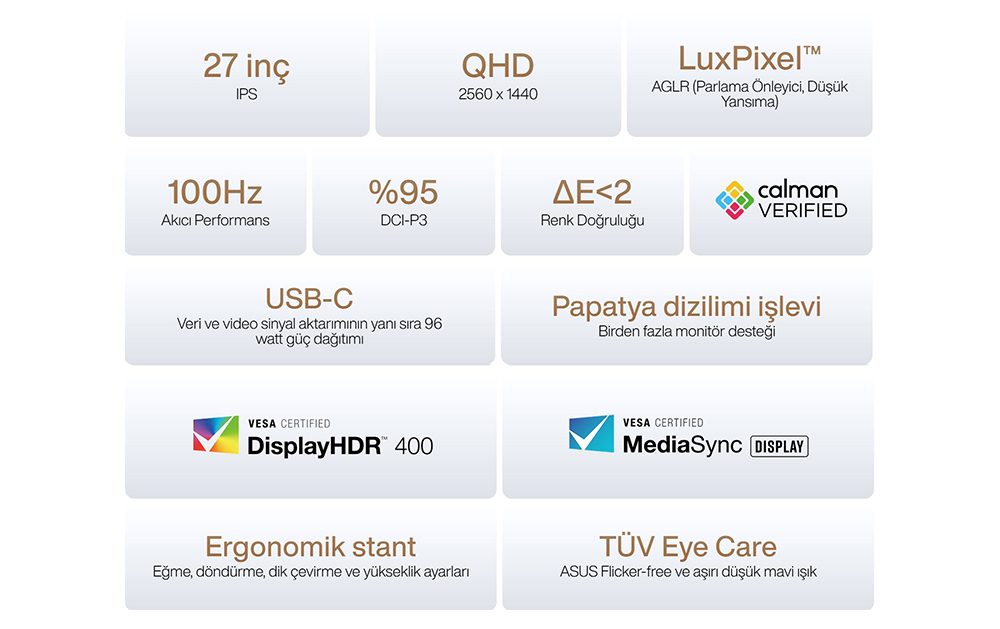 ASUS 27" IPS PROART PA278CFRV 5MS 100hz HDMI-DP-TYPE-C Grafik Tasarım Monitör (2560 X 1440)