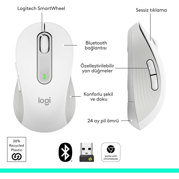 LOGITECH M650 Kablosuz + Bluetooth Beyaz Mouse (910-006238)