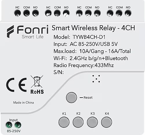 FONRI WF3-TM4-0201-01 Wi-Fi + Zigbee 4 Kanal Bağımsız Kontrol Kablosuz Akıllı Röle