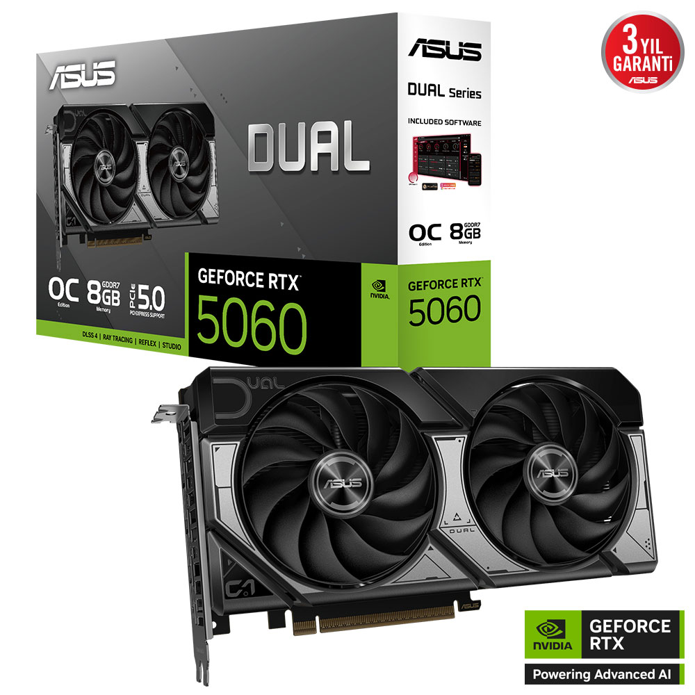 ASUS 8GB DUAL RTX5060-O8G GDDR7 128bit HDMI DP PCIe 5.0 ikinci görünüm