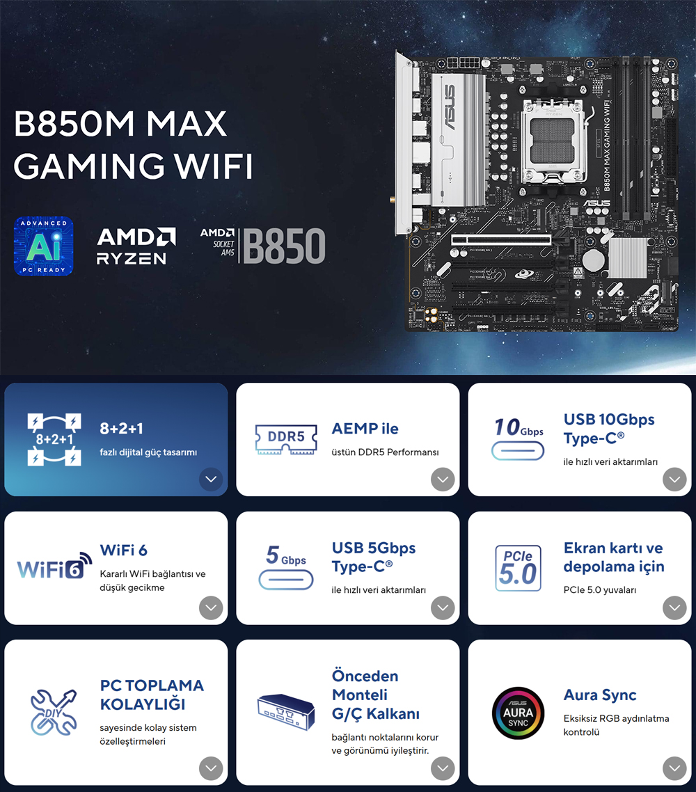 ASUS B850M MAX GAMING WIFI6 DDR5 HDMI DP PCIE 5.0 AM5 mATX