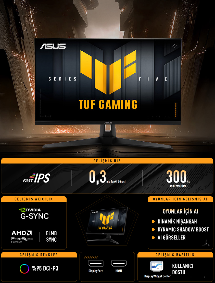 ASUS 27" FLAT IPS TUF GAMING VG27AQM5A 0.3MS 300Hz HDMI-DP-TYPE-C Gaming Monitör (2560 X 1440)