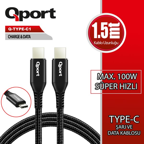 QPORT 1.5metre Q-TYPE-C1 TypeC Görüntü Kablosu ikinci görünüm