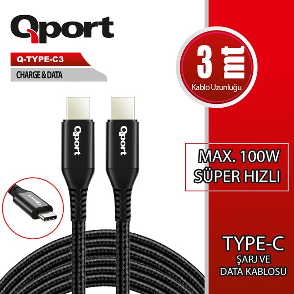 QPORT 3metre Q-TYPE-C3 TypeC Görüntü Kablosu ikinci görünüm