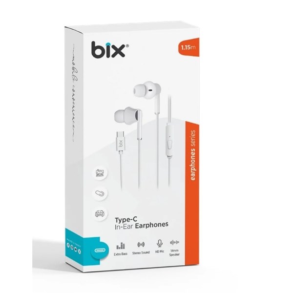 BIX HF01C-WE Type-C Beyaz 14MM EXTRA BASS KULAKİÇİ Mikrofonlu Kulaklık ikinci görünüm