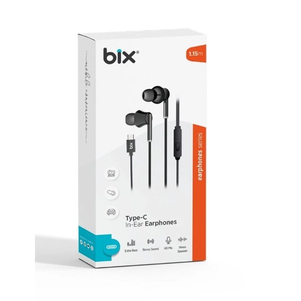 BIX HF01C-BK Type-C Siyah 14MM EXTRA BASS KULAKİÇİ Mikrofonlu Kulaklık ikinci görünüm