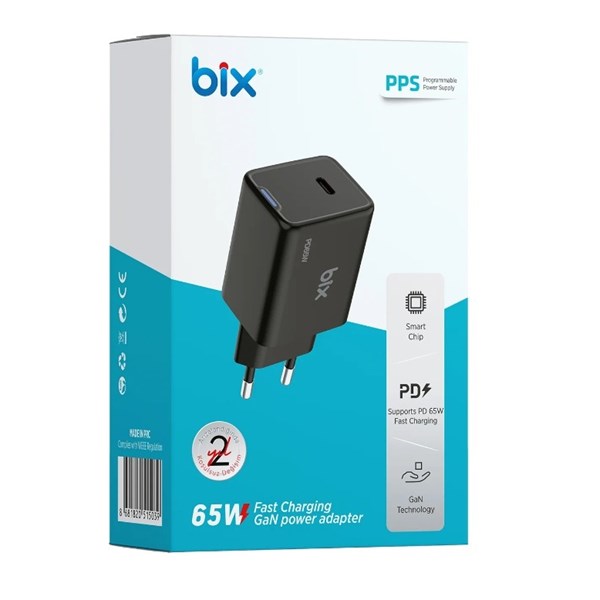BIX BX1P65G-BK 65W ŞARJ ADAPTÖR (TYPE-C) Siyah PPS ÖZELLİKLİ ikinci görünüm