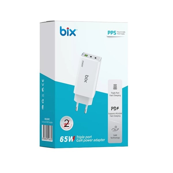 BIX BX3P66G-WE 65W ŞARJ ADAPTÖR TYPE-C/USB Beyaz ikinci görünüm