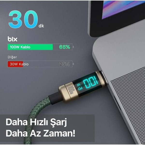 BIX 1metre BX09CC-BN 100w Dijital Ekranlı Şarj Kablosu Bronz