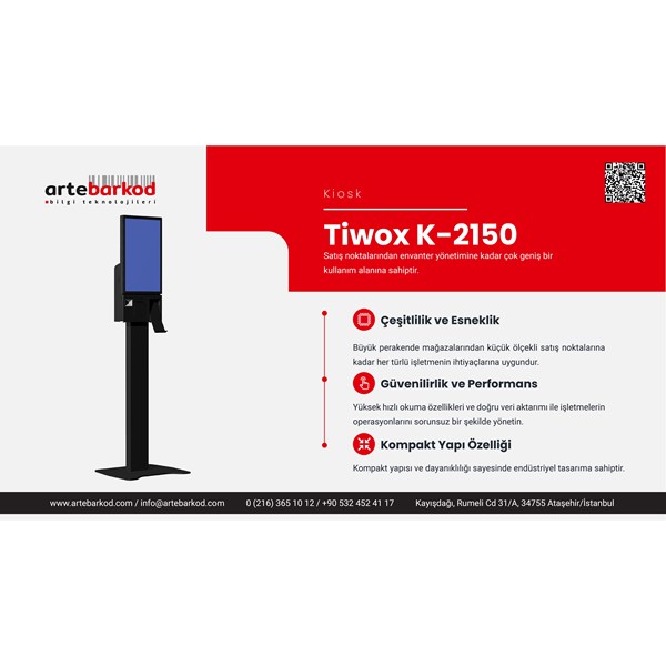 TIWOX 21.5" K-2150B CORE i7 5.nesil 16GB RAM-256GB SSD-W102D-Karekod ve Barkod Yazıcılı Kiosk Siyah ikinci görünüm