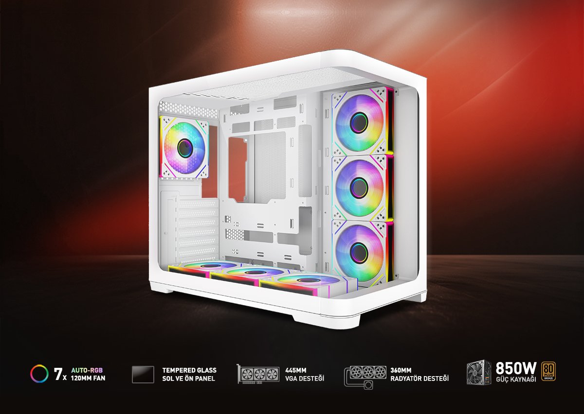 GAMEBOOSTER GB-G2852W Gaming Mid-Tower PC Kasası Beyaz 7-Fanlı