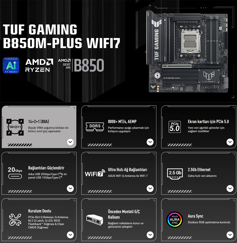 ASUS TUF GAMING B850M-PLUS WIFI7 DDR5 HDMI DP-TYPEC PCIE 5.0 AM5 mATX