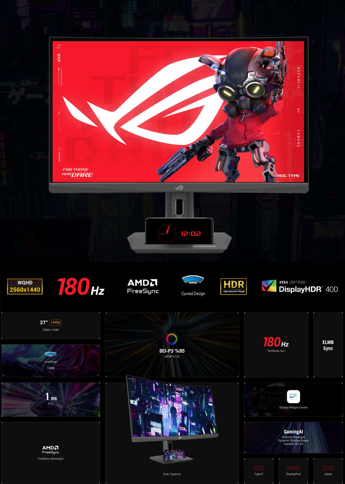 ASUS 27" FAST VA ROG STRIX XG27WCS 1MS 180Hz HDMI-DP-TYPE-C Kavisli Gaming Monitör (2560 X 1440)