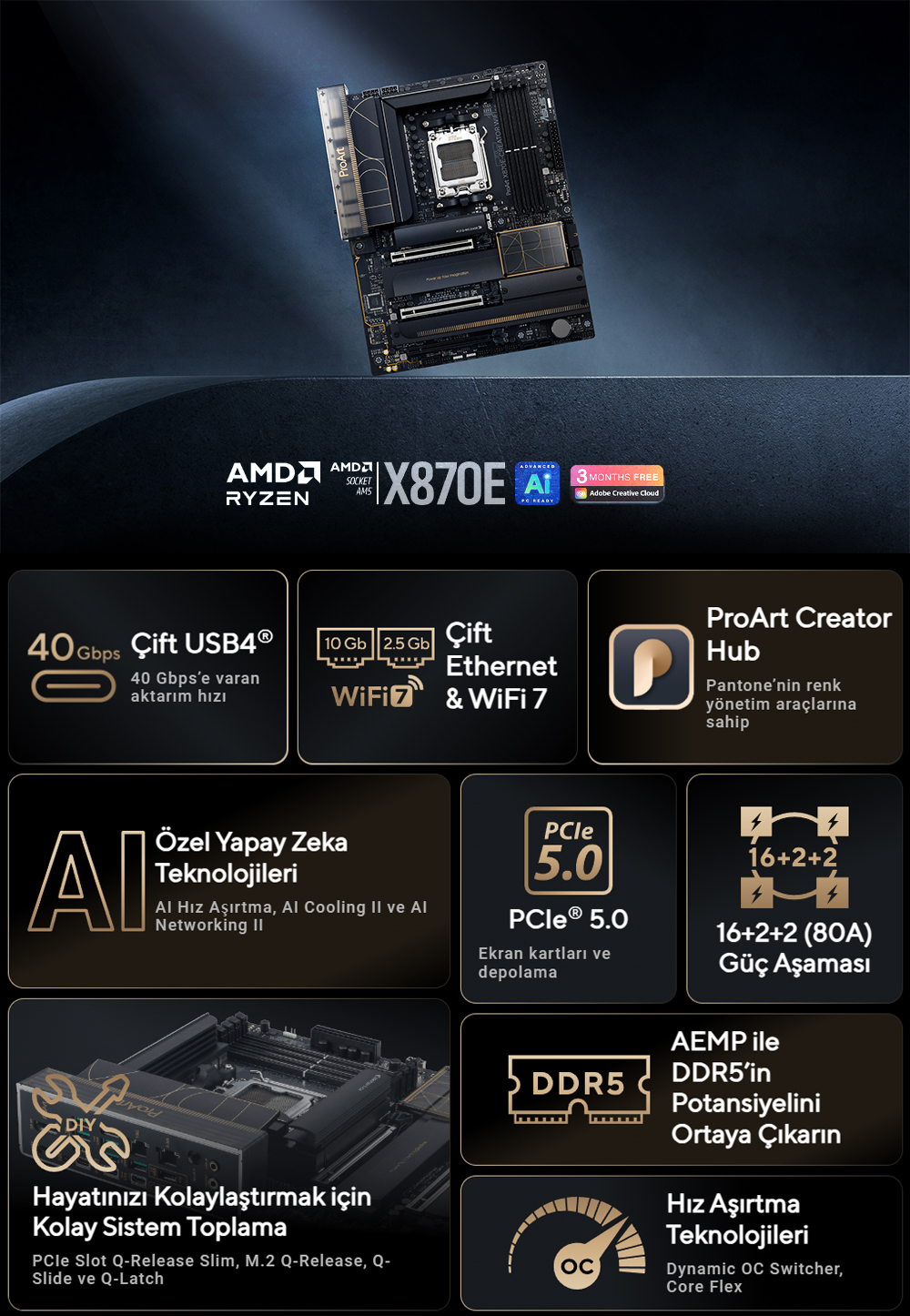 ASUS PROART X870E CREATOR WIFI-7 DDR5 HDMI DP PCIE 5.0 AM5 ATX